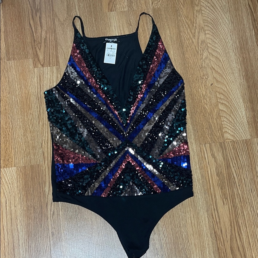 Express Sequin Bodysuit in Black, Blue, and Red